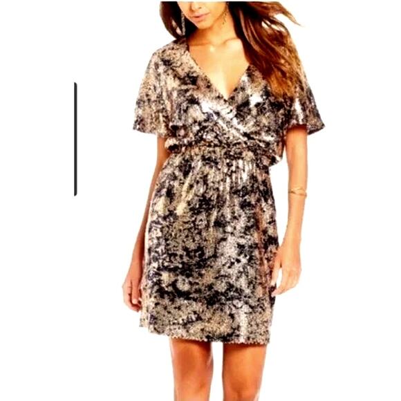 Gianni Bini "Kendall" Navy & Gold Sequin Wrap Dress - Size Small - Picture 1 of 9